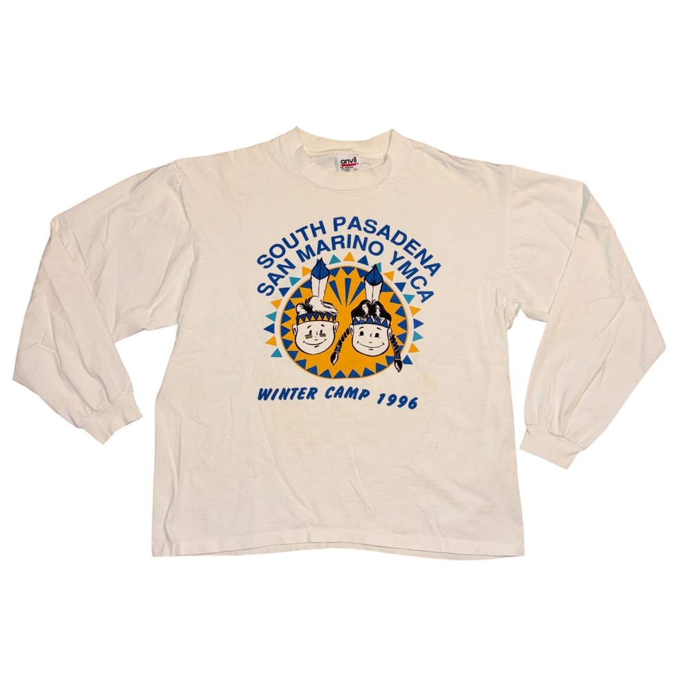 Vintage Anvil 1996 YMCA Winter Camp Long Sleeve Shirt Mens Large White USA‎ Made